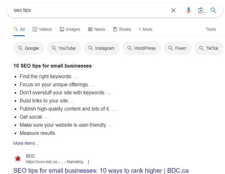 search intent list rich snippet