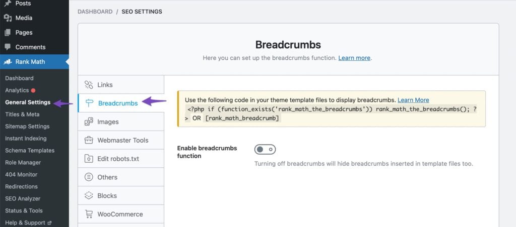 how to enable breadcrums in rank math